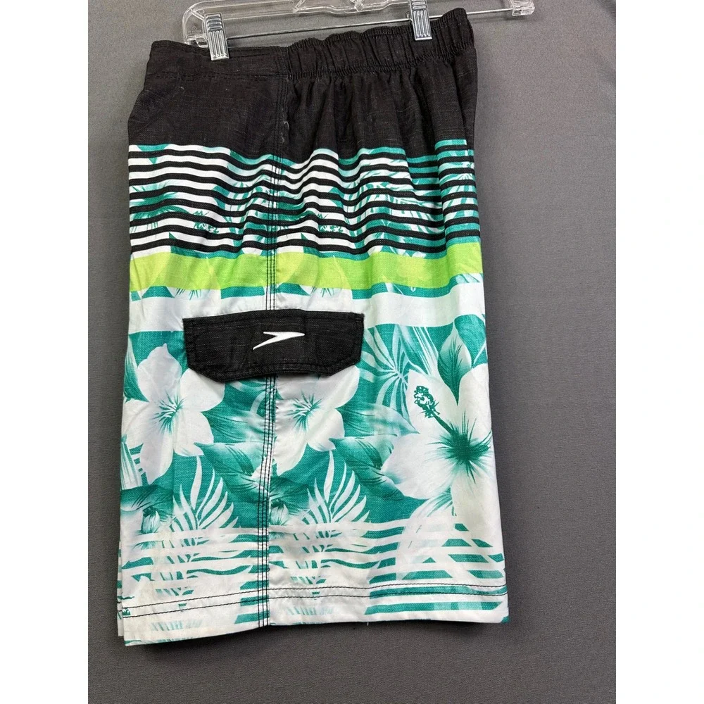 Speedo Men Tropical Floral Striped Board Shorts Teal Green Black Swim‎ Trunks 30
